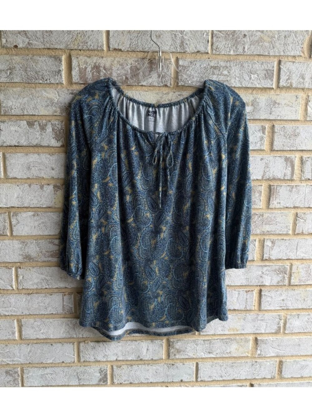 Lands' End 3/4 Sleeve Tie Neck Multicolor Paisley Peasant Blouse Size M